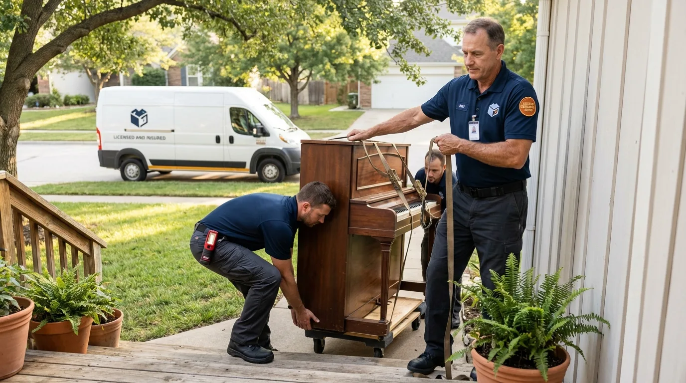 Licensed piano movers securing grand piano in Woodbury, TN