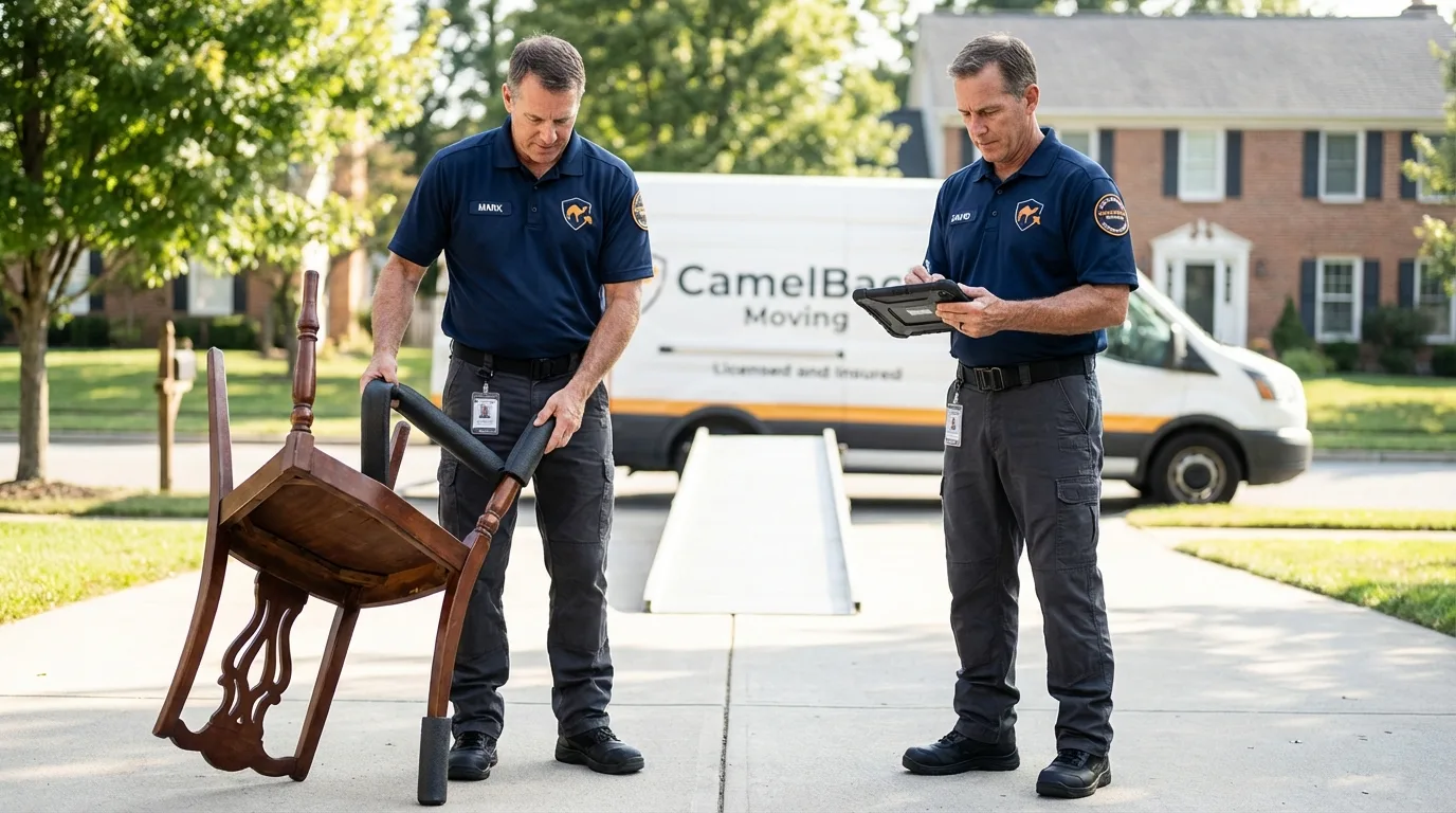 Movers inspecting furniture for damage prevention before loading in Woodbury, TN
