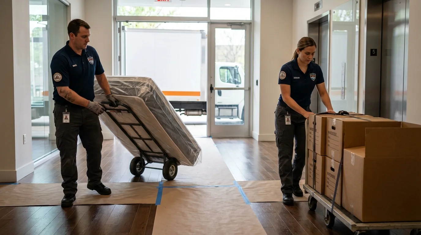 Professional apartment movers loading elevator in Woodbury, TN