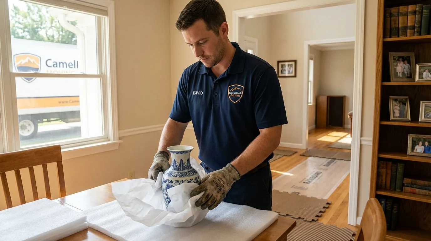 Professional crew carefully wrapping antique vase for senior downsizing move in Woodbury, TN